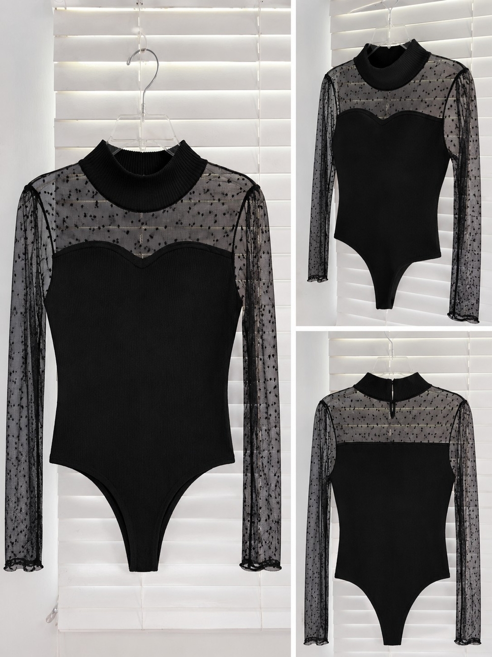 Fashion Nova Black Sheer Dot Mock Neck Bodysuit